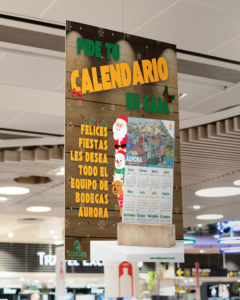pide tu calendario en caja, rotulo colgando, poster, bodegas aurora